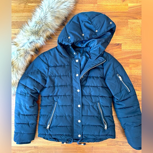 Top Shop Cropped Winter Coat With Detachable Hood - Navy Blue - Size 6 - Picture 1 of 6